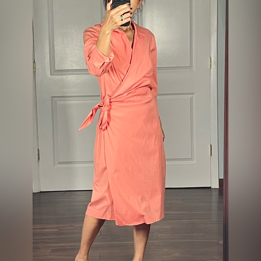 Lafayette 148 New York Reva cotton stretchy wrap shirt dress in coral - Picture 2 of 12